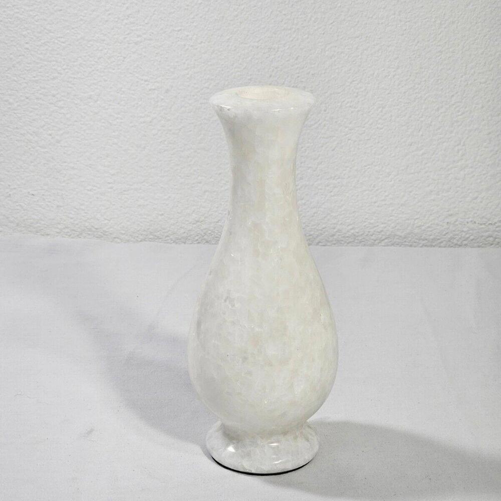 Vintage 1960s Hand Carved White & Cream Colored Alabaster Stone 8" Bud Vase - Picture 3 of 11